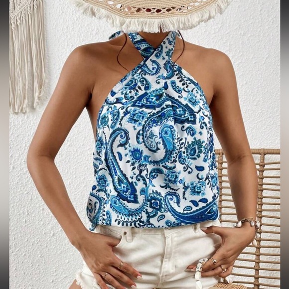 Plus Size Boho Paisley Print Crisscross Front Halter Neck Top Blouse Shirt - Picture 8 of 14